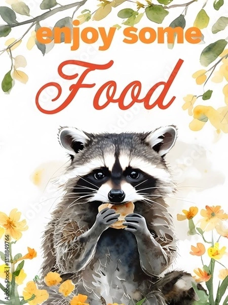 Fototapeta Enjoy Some Food with Cute Raccoon and Flowers Event Sign