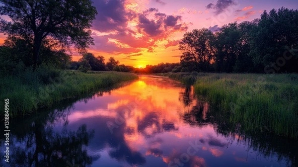 Fototapeta Vibrant sunset hues mirror on a serene river as the sun dips below the horizon. Wispy clouds adorn an ethereal mix of oranges, pinks, and purples in the sky