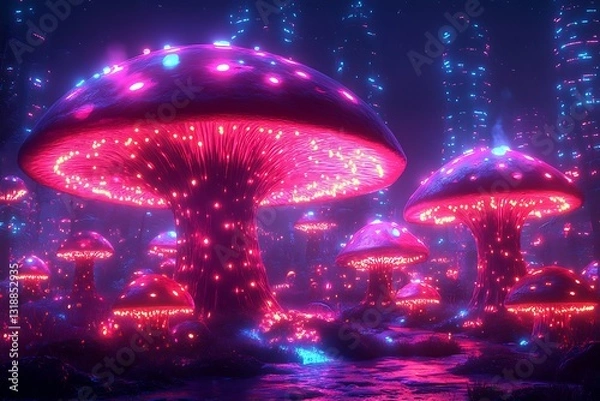 Fototapeta Glowing giant mushrooms illuminate a forest scene with colorful lights