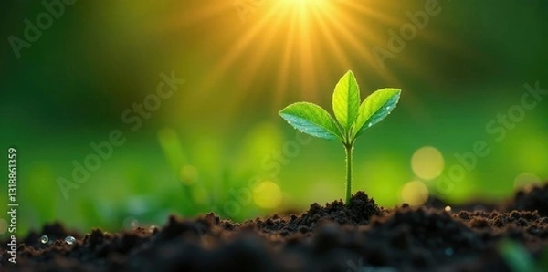 Fototapeta Morning dew sparkles on newly planted sapling, dew, present moment