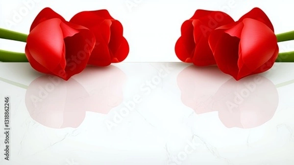 Fototapeta Red Tulips Reflection on White Marble Surface
