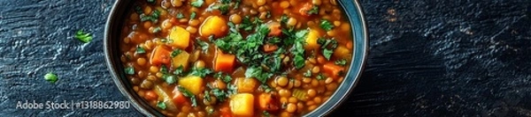 Fototapeta Colorful Lentil and Vegetable Stew Served in a Deep Bowl with Fresh Herbs. Generative AI
