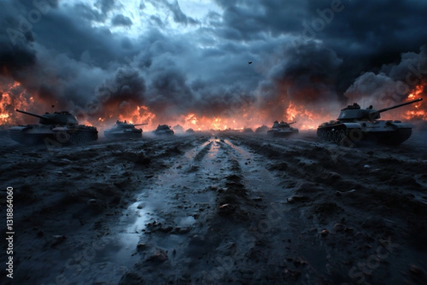 Fototapeta Tanks advancing through destruction