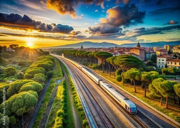 Obraz A sleek high-speed train glides through a scenic countryside at sunset, flanked by lush green trees and charming buildings, under a dramatic, colorful sky.
