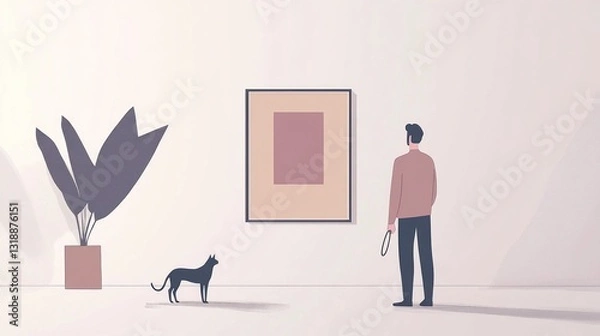 Fototapeta Man viewing abstract art, gallery, cat, minimal background; website banner