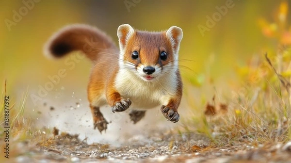 Fototapeta Red-footed weasel sprinting across autumnal path