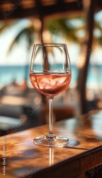 Fototapeta rosé pink wine in a chilled glass at the bar on the beach