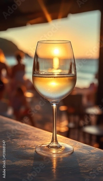 Fototapeta white wine in a chilled wine glass at the bar on the beach