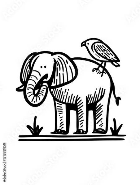 Fototapeta Whimsical elephant and bird duo frolic in a lush landscape, capturing joy and friendship in a delightful vector design