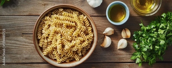 Fototapeta A top down view of pasta with ingredients displayed
