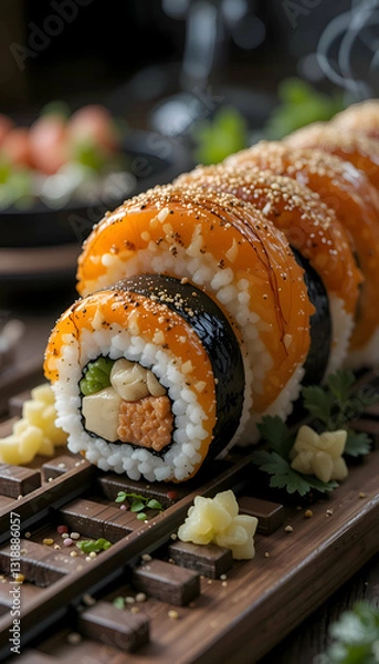 Fototapeta The image shows a close-up of a sushi roll on a wooden cutting board. The sushi roll is made up of multiple layers of orange and white rice, with black sesame seeds sprinkled on top. The roll is arran