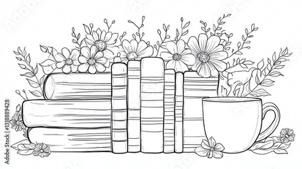 Fototapeta Books, flowers, coffee cup; peaceful reading nook, coloring page