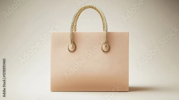 Fototapeta Simple and chic beige gift bag with gold rope handles, isolated against a clean white background with soft shadows.