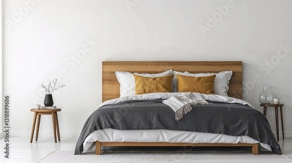 Fototapeta Generative AI, Minimalist Bedroom with Charcoal Gray Bedding and Mustard Yellow Accent Pillow
