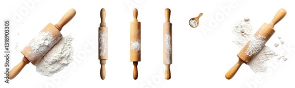 Fototapeta Set of A wooden rolling pin lightly dusted with flour isolated on transparent background, PNG, cut out