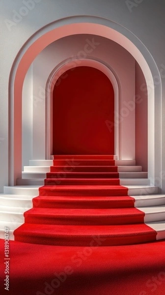 Fototapeta Elegant red carpet steps lead into a grand arched entryway illuminated by soft light