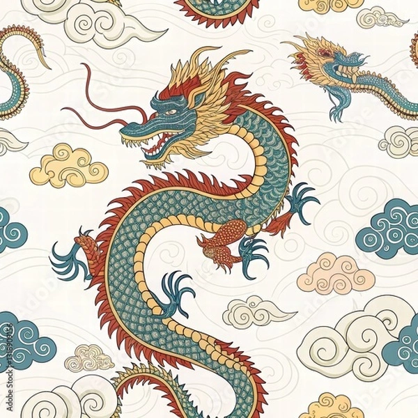 Fototapeta Colorful Dragon Pattern with Clouds and Whimsical Design Elements