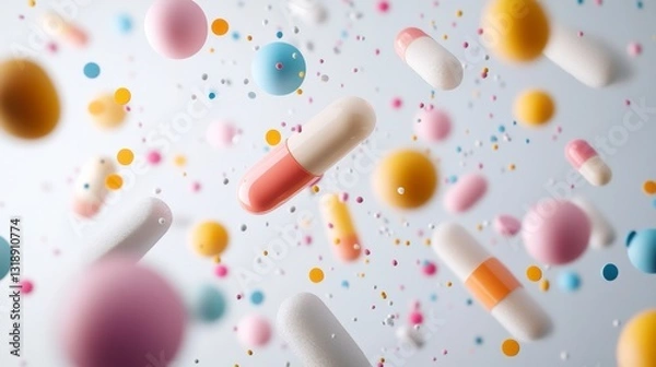 Fototapeta Pills and Bubbles of Health: A vibrant explosion of colorful pills and small bubble-like spheres floats, representing pharmaceutical innovation and the concept of health.