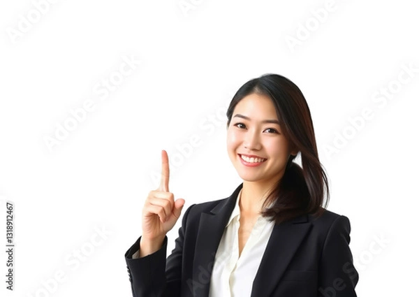 Obraz Smiling Business Woman Pointing Up on a White Background