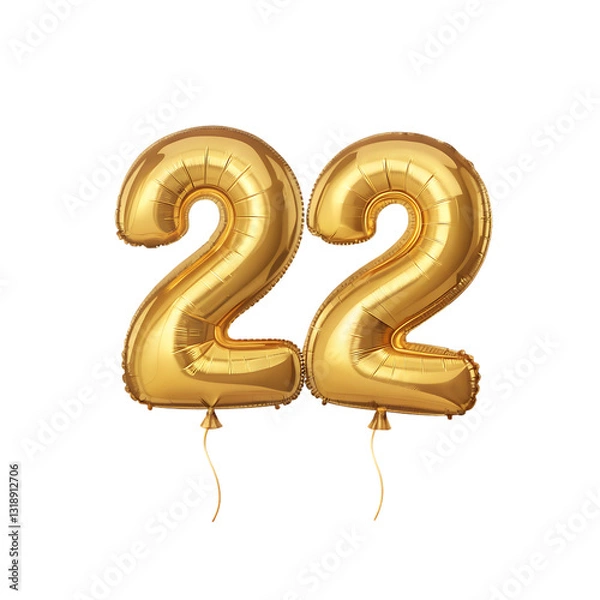 Fototapeta Shiny Gold Number 22 Balloon, Celebratory Foil Balloon Decoration. isolated on transparent background Helium balloons font