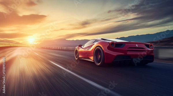Fototapeta A luxury sports car speeds down an empty highway, with the sun setting in the background.
