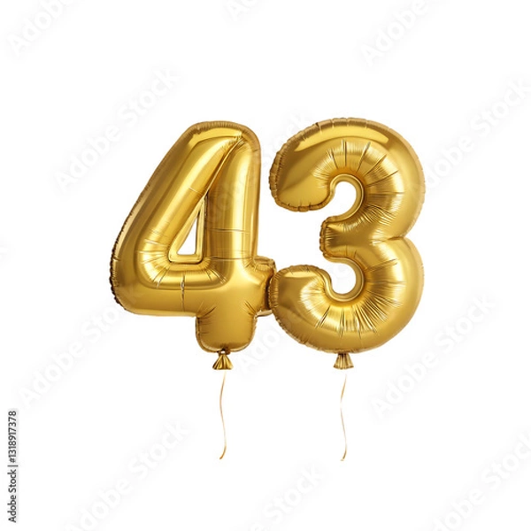 Fototapeta Shiny Gold Number 43 Balloon, Celebratory Foil Balloon Decoration. isolated on transparent background Helium balloons font