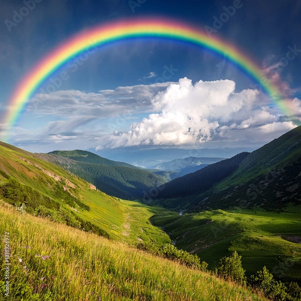 Fototapeta A beautiful rainbow arching over back of a mountain valley