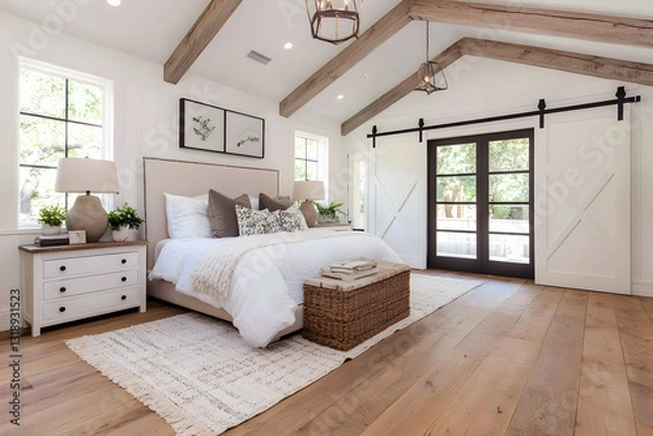 Fototapeta Bright, airy master bedroom with farmhouse style.  Large windows, exposed beams, and a sliding barn door