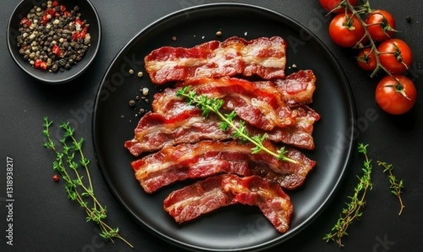Fototapeta Serving Crispy Bacon Strips with Fresh Herbs, Pepper and Tomatoes