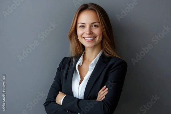 Obraz Confident businesswoman in a professional suit stands with arms crossed against a neutral gray background, exuding positivity and professionalism
