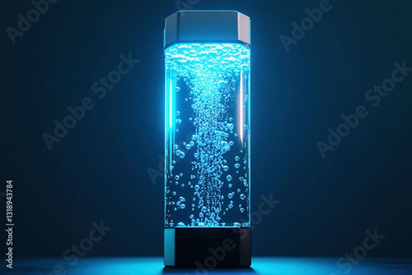 Fototapeta  Portable hydrogen water generator with water bubbles in blue backlight on a dark background. The concept of longevity - alkalization of the body