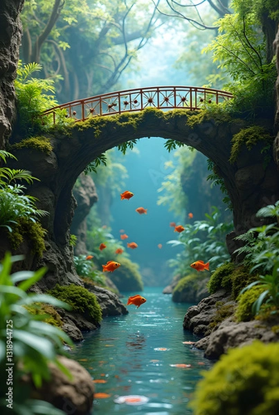 Fototapeta Terrarium that have 8d bridge and fish...acr bridge and have roof on top of bridge