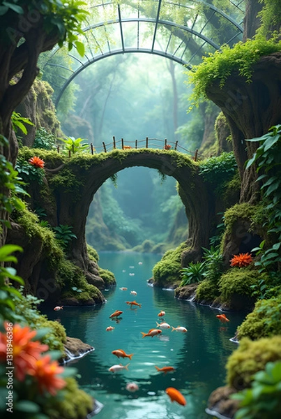 Fototapeta Terrarium that have 8d bridge and fish...acr bridge and have roof on top of bridge