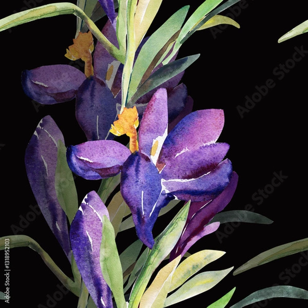 Fototapeta Dekoratives Schneeglöckchen.Pattern of wild flowers, watercolor  image  on a colored background.