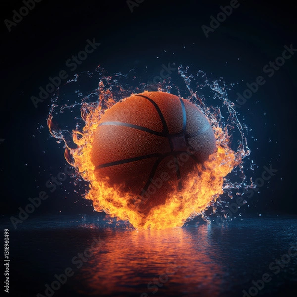 Fototapeta dynamic basketball surrounded by flames and water, creating intense visual effect. contrast of fire and water symbolizes energy and movement in sports
