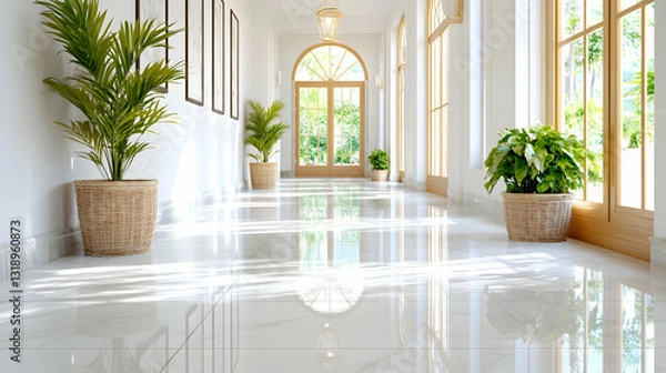 Fototapeta Sun-drenched, elegant hallway with marble floors and lush greenery