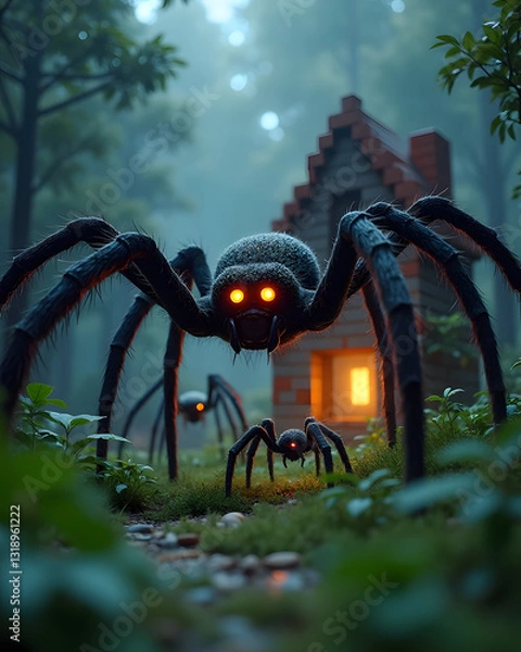 Fototapeta "From the dense blocky jungle, a realistic spiderling and its mother emerge with dozens of other realistic spiders. Their detailed fur and glowing eyes contrast with the blocky background. The spiders