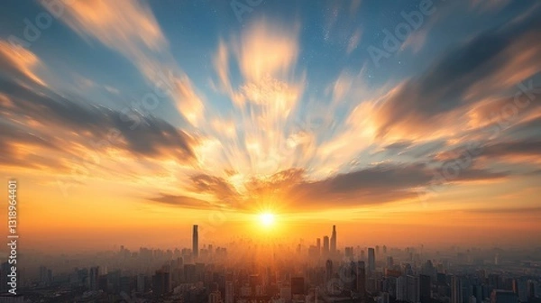 Obraz Vibrant sunset over a city skyline with dramatic clouds.