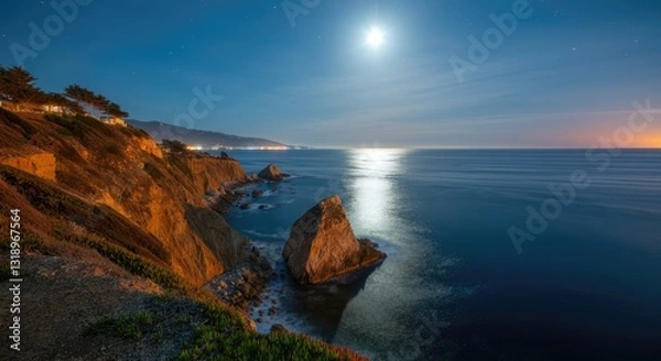 Fototapeta Moonlit coastal cliffside with ocean and rock formations at night