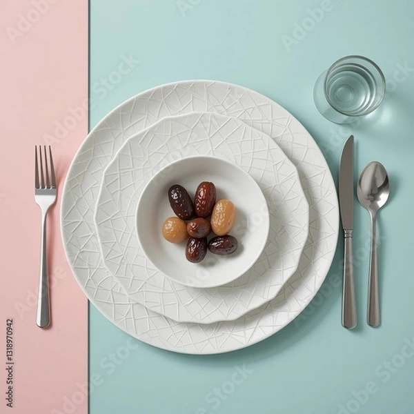 Fototapeta beautifully curated dining setup featuring white plates with a delicate textured design and polished silverware