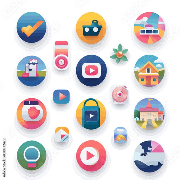 Fototapeta Colorful app icons representing diverse functions and utilities on white