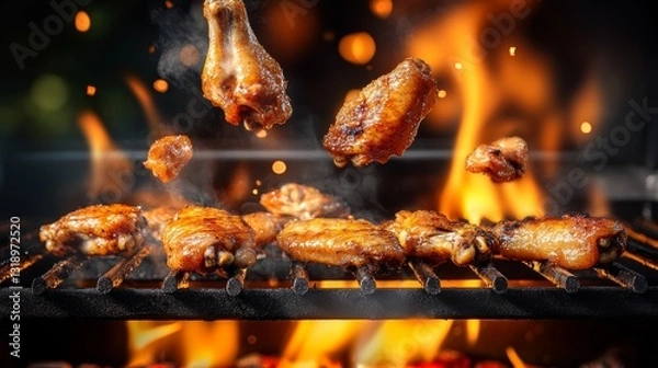 Fototapeta Plate of chicken wings is cooking on a grill. The wings are brown and crispy, and they are flying through the air