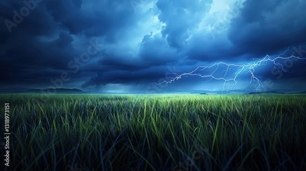 Fototapeta Lightning cuts through the abstract night sky. Dark clouds churn, signaling the storm's presence.