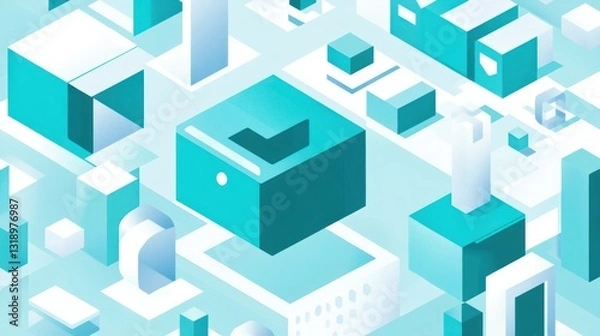 Fototapeta Abstract teal and white isometric shapes.