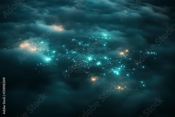 Fototapeta Aerial View of Decentralized Network Visualized in Blue