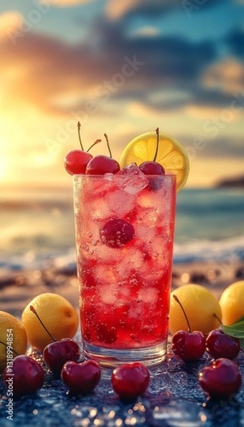 Fototapeta cherry lemonade with ice in a glass on the beach