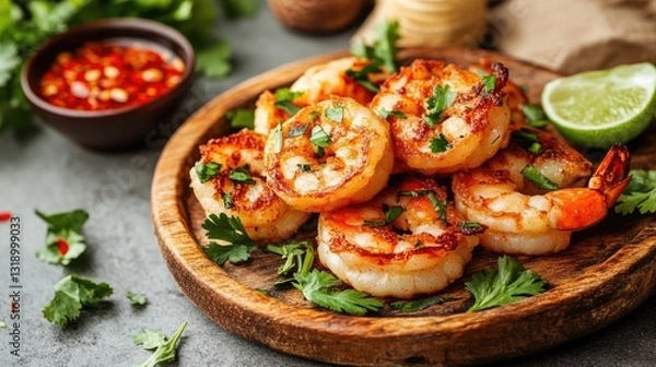 Fototapeta Grilled Shrimp Dish with Fresh Herb Garnish and Slicing Lime on Wooden Platter Surrounded by Spices and Sauce