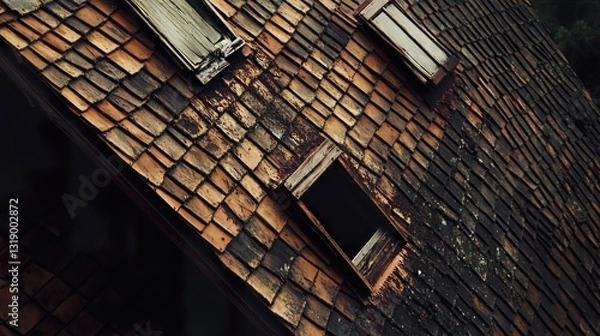 Fototapeta Weathered Roof Tiles: A Study in Architectural Decay