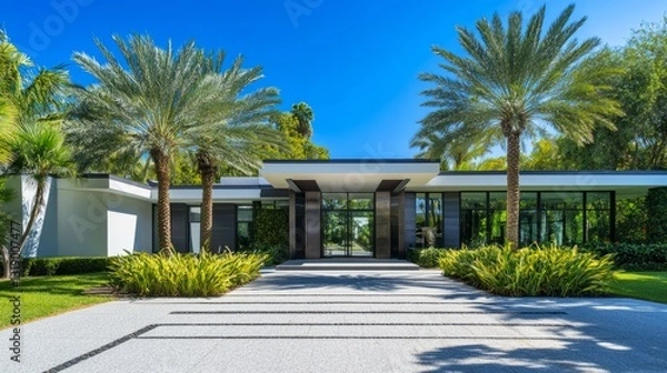 Fototapeta Modern Luxury Home Entrance with Clean Lines, Surrounded by Greenery, Under a Clear Blue Sky, Minimalistic and Serene Design.
