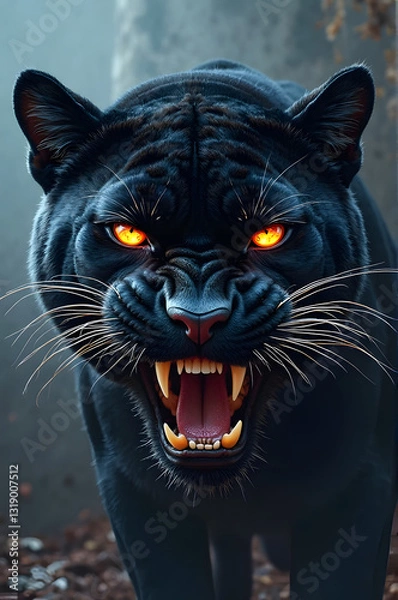 Fototapeta Create a totally angry panther face with blue light eyes and Metallica look